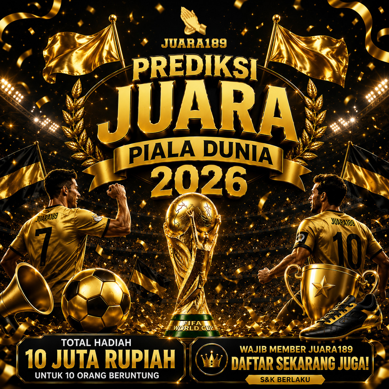 Promo Prediksi Juara Piala Dunia 2026 dengan total hadiah 10 juta rupiah di JUARA189